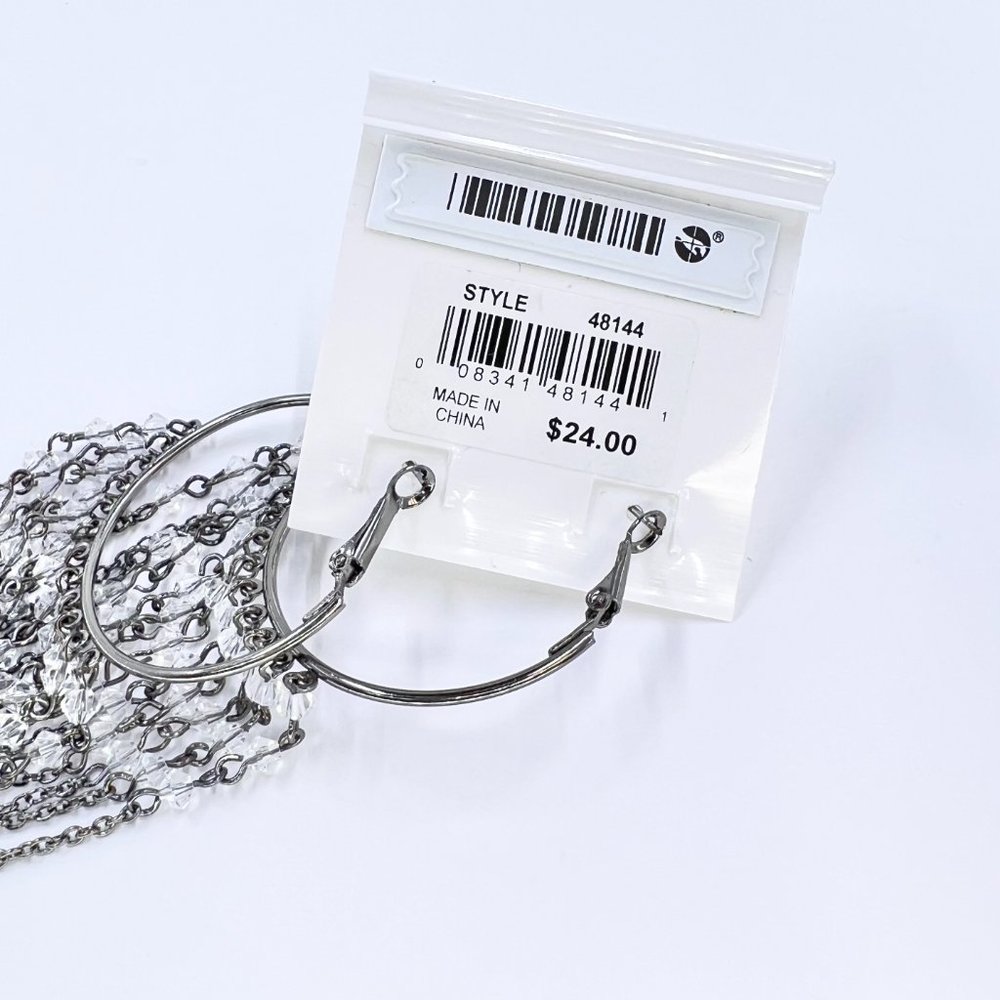 NWT - Catherine Stein - Large Gunmetal Tone Beaded Chain Dangle Hoop Earrings - Picture 6 of 6